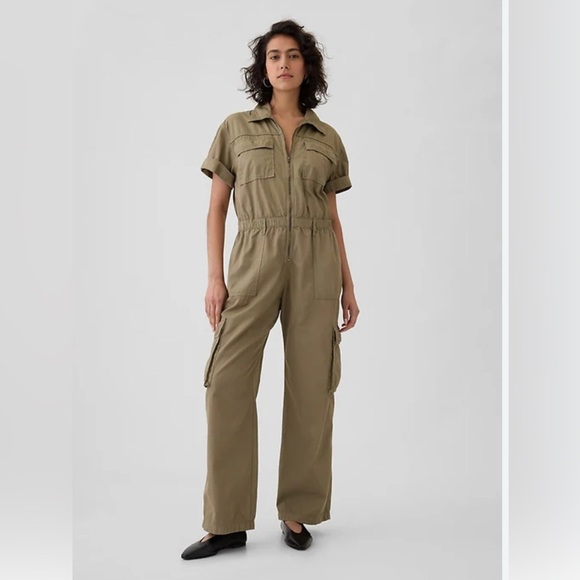 350 Gap Utility Jumpsuit Cargo short sleeve cinched waist army green womens sz 4 - Picture 11 of 11